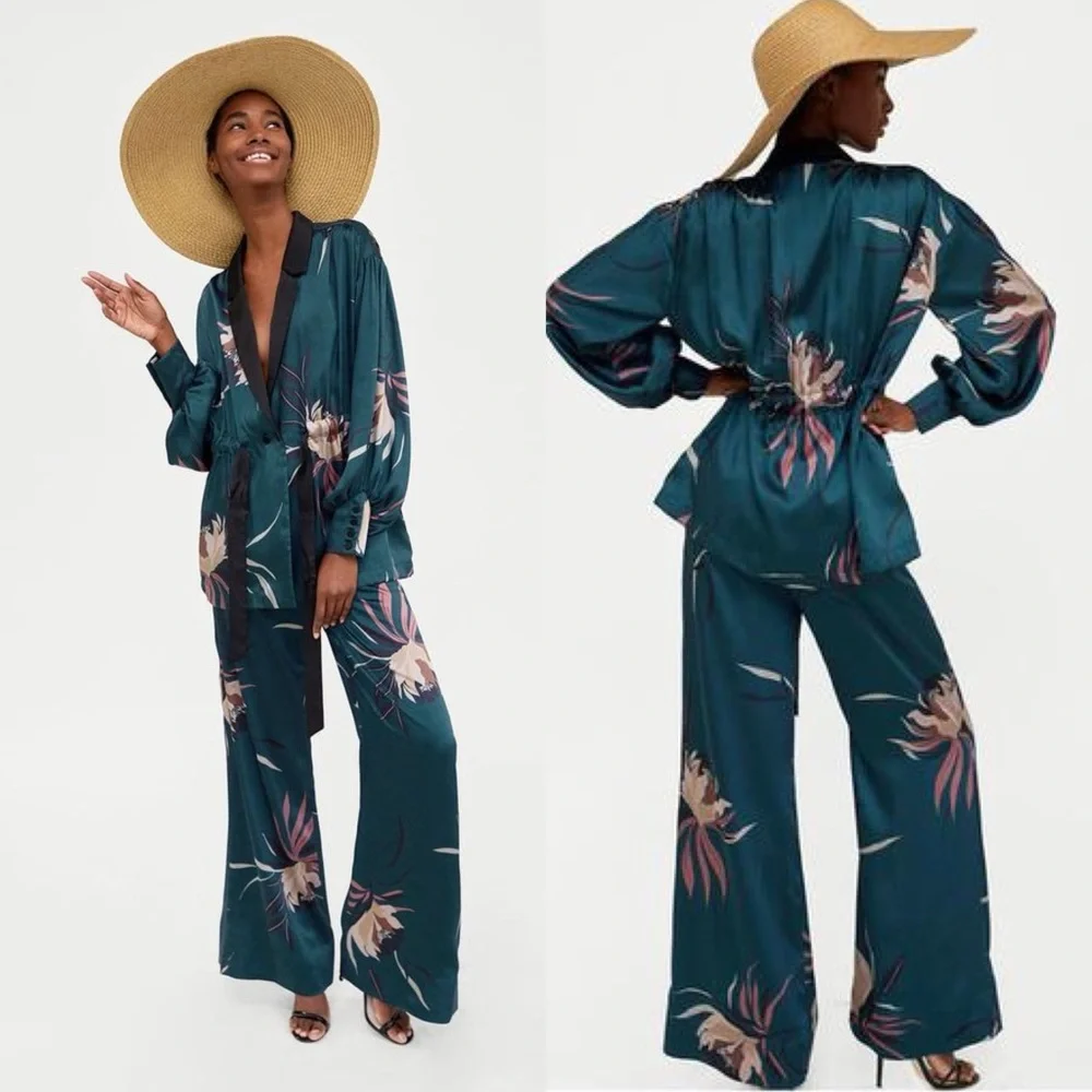 Zara Floral Matching Set Blazer Kimono Jacket Palazzo Wide Leg Pants